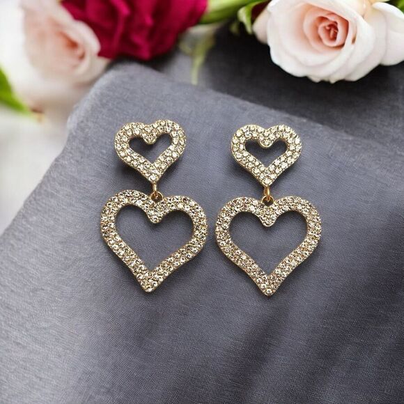 Clear Rhinestone Double Heart Gold Tone Dangle Earrings - Picture 1 of 2